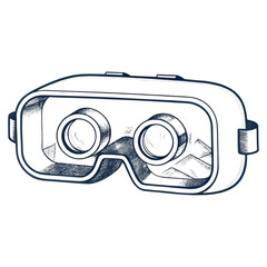 A pair of virtual reality goggles with dual lenses and an adjustable strap.