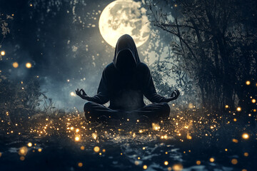 A hooded figure meditating in a dark forest under a full moon, surrounded by glowing fireflies and magical energy.