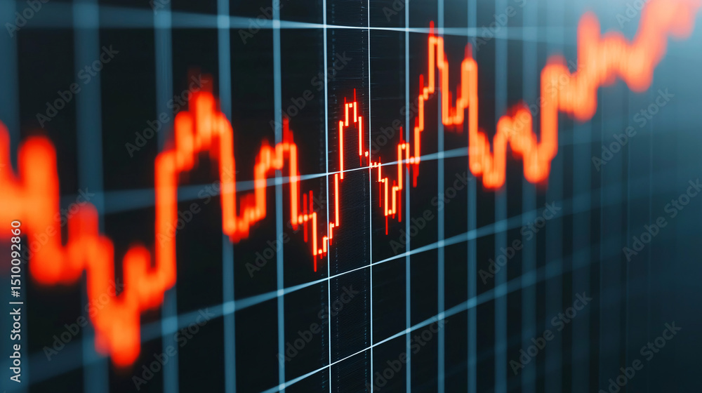 Poster abstract stock market graph with fluctuating red lines.