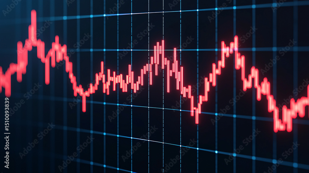 Poster digital stock market chart with red and blue data visualization.