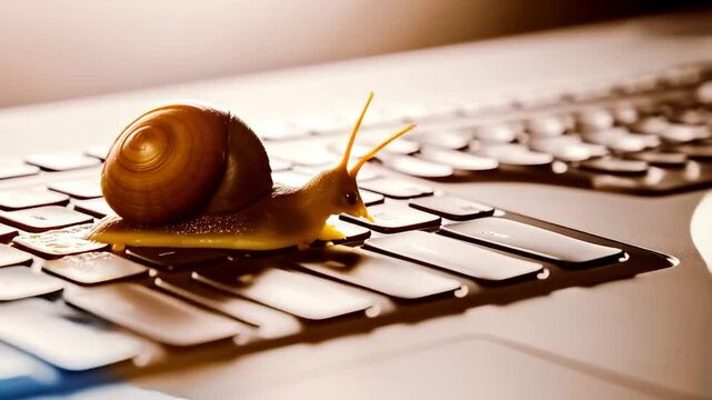 Slow computer. A snail crawls across a laptop keyboard