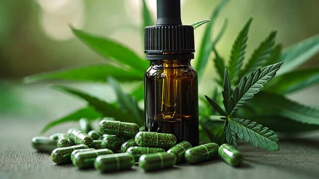 Close-up footage displaying cbd oil in a dropper bottle surrounded by cannabis leaves and capsules