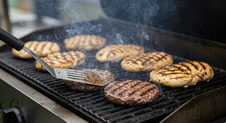 Cooking Hamburger and Chicken Patties on a Hot Outdoor Flat Top Grill with Rising Smoke