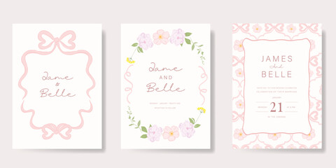 Fototapeta premium Elegant wedding invitation card background vector. Minimal hand drawn ribbon frame and floral frame template background. Design illustration for wedding, vip cover, poster, rsvp modern card.