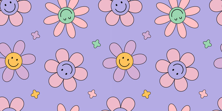 Seamless flower pattern with smiling faces and colorful petals. Cute retro floral design on purple background. Fun and playful hippie-inspired backdrop for kids and teens