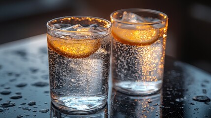 Sparkling Water with Lemon Slices in Glasses on a Table