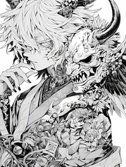 Black and white fantasy character; traditional Japanese clothing; intricate patterns; looking at viewer portrait