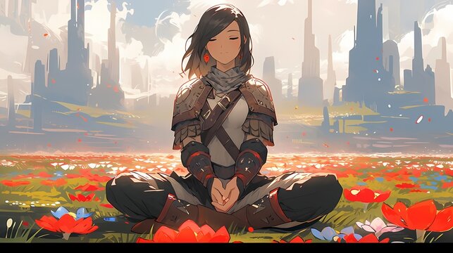 A young woman in medieval armor sits in a field of red flowers, her eyes closed in meditation, surrounded by a cityscape.