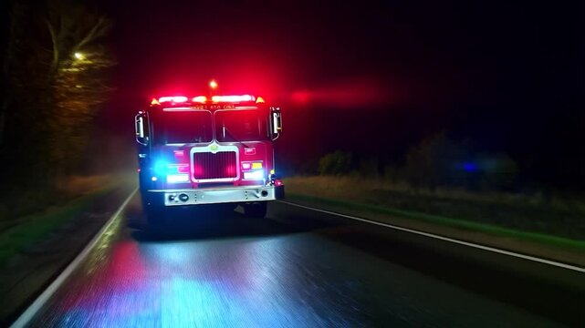 Emergency fire truck at night on a wet road