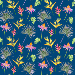 Various tropical flowers seamless pattern on blue background