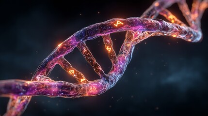 Abstract background of rotating dna helix with glowing particles and symbols on a dark background. Futuristic biotechnology concept