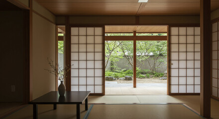 Tatami Room Interior with Garden View and Japanese Vase