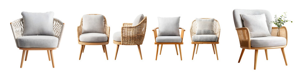 Stylish, modern rattan chairs featuring soft gray cushions in a serene and inviting atmosphere, perfect for cozy lounges, outdoor patios, and elegant living spaces