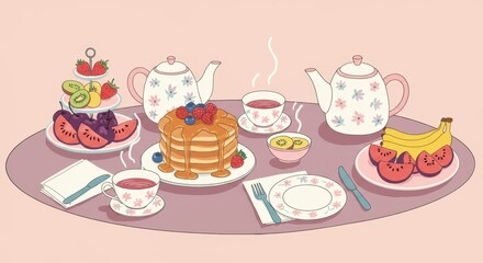 Delightful Brunch Table Setting with Pancakes, Fruit, and Tea