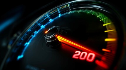 Futuristic car speedometer needle exceeds 200 in vibrant color gradient display