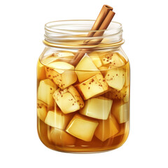 Homemade Apple Cinnamon Preserve in a Jar with Spices and Sweet Cubes for Fall Flavor on transparent background
