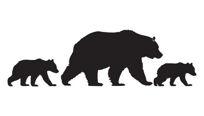 Fototapeta premium Silhouette depicting a bear and its two cubs on a white canvas