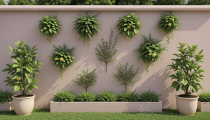 serene garden wall features lush green plants in pots and planters, with cascading ferns and fruit bearing trees. neatly arranged foliage creates tranquil and refreshing atmosphere