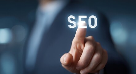 Businessman Pointing at SEO Icon on Digital Interface, Marketing Concept