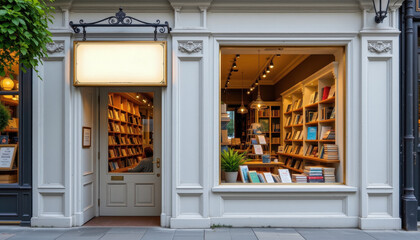 mockup ready signage on boutique bookstore front with clean painted walls charming entrance vintage posters on side windows and an inviting book filled interior