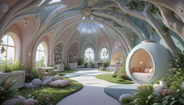 whimsical, pastel colored interior features arched ceilings and tree like structures, creating cozy, imaginative space. Soft seating areas and lush greenery enhance serene atmosphere