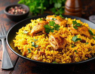 A beautifully presented dish of golden yellow rice mixed with tender, seasoned chicken pieces and garnished with fresh parsley sits on a dark plate ready to serve.