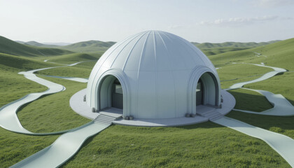 futuristic white dome structure sits amidst rolling green hills, with multiple pathways leading to its entrances, creating serene and innovative architectural scene