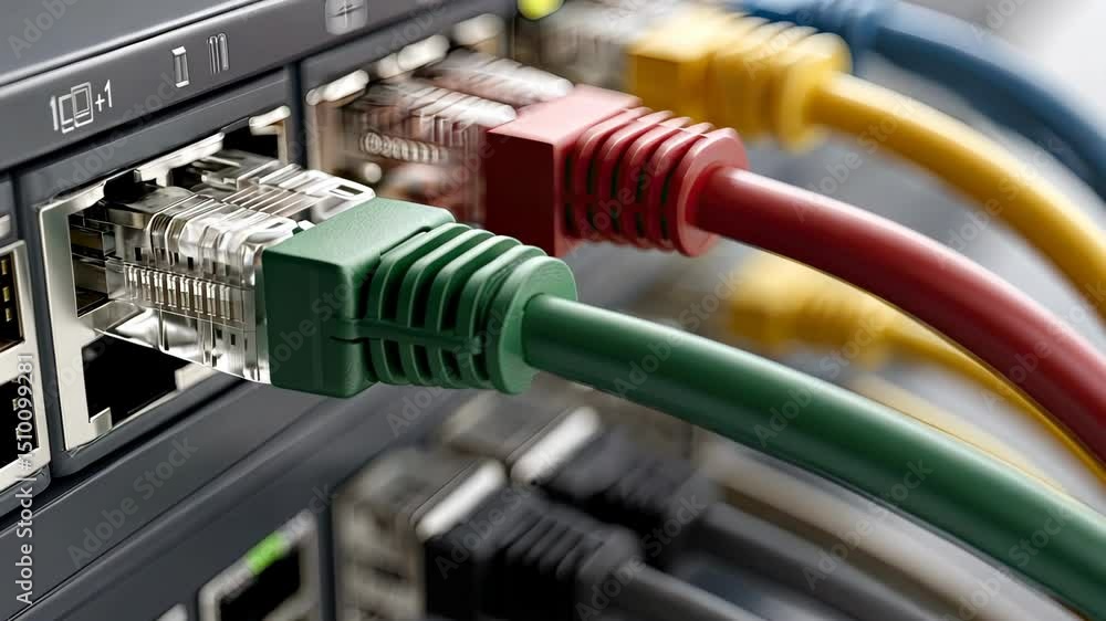 Poster delving into the fascinating world of network connectivity through vibrant cables within a sophistic
