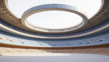 modern, empty indoor arena with circular open roof and tiered seating, bathed in natural light, creates serene atmosphere. architecture is sleek and minimalist