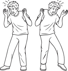 Two identical line art drawings of a man in a distressed or panicked state, presented side-by-side
