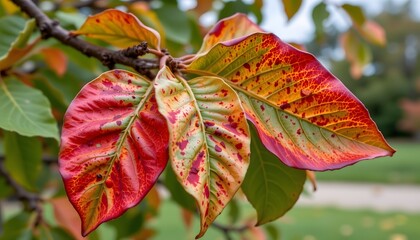 Obraz premium Curled peach tree leaves infected with leaf curl disease, colored red and yellow.