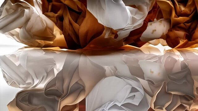 Abstract composition of crumpled papers featuring reflections and diffused light, revealing intricate textures and warm earthy colors.