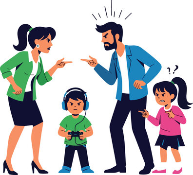 a strained family dynamic where parents are engaged in conflict, and the children are caught in the middle, reacting with either withdrawal (the boy) or confusion concern (the girl)