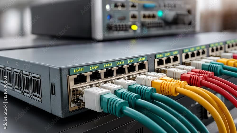 Poster network switch with colorful cables connecting devices in a modern technology setup at a data center