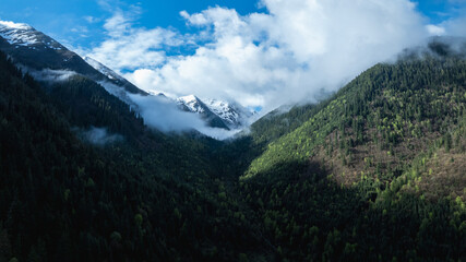 Aerial view of beautiful high altitude snow capped mountain and forest landscape