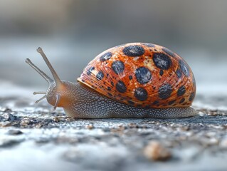 Close-up of a speckled snail on a textured surface
