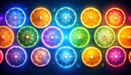 Vibrant digital artwork of glowing citrus slices in rainbow colors, arranged in a seamless pattern on a dark background with bubbles.