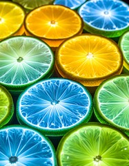 Close-up of colorful citrus fruit slices glowing in blue, green, and yellow tones, creating a vibrant and surreal visual effect.