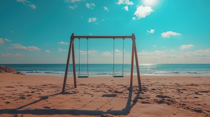 Empty swing set on a sun-drenched beach