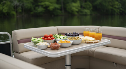 Assorted Snacks and Orange Juice on Pontoon Boat Table near Calm Lake