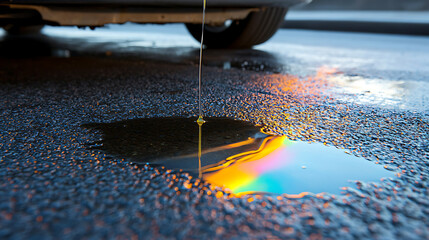Leaking Vehicle: A stream of fluid drips from a car onto wet pavement, creating a colorful reflection in a growing puddle, suggesting maintenance issues.
