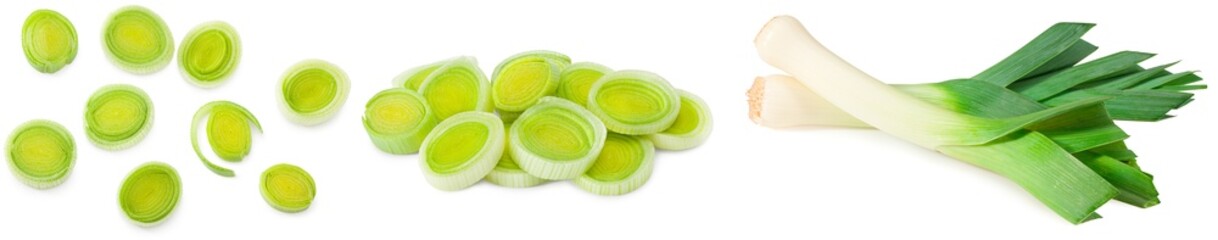 sliced leek isolated on white background. clipping path