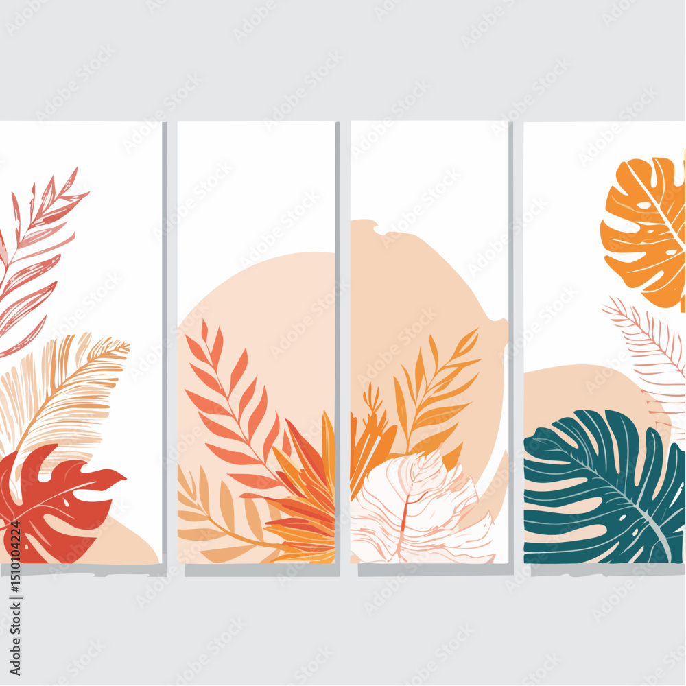 Poster vector illustration of five vertical abstract backgrounds featuring minimal botanical line art with 
