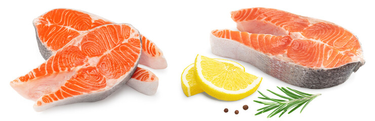 slice of raw fish, salmon, trout, steak with lemon isolated on white background, clipping path