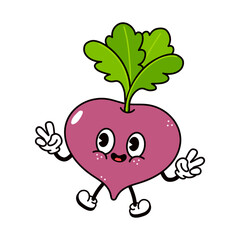 A cheerful cartoon Beet character giving a peace sign with a happy expression on a white background.