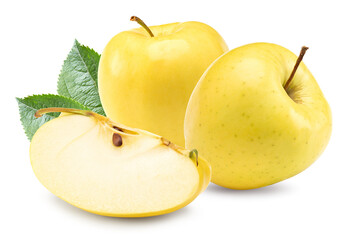yellow apples with green leaf and slices isolated on a white background. clipping path