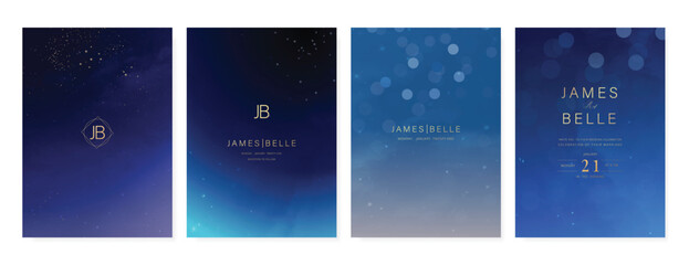 Luxury invitation card design vector set. Elegant wedding card with little star moon sun meteor and space decorative on navy blue background. Design illustration for cover, poster, gala.