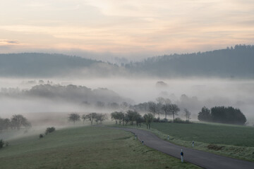 Landscape in the morning with fog near the german village called Hallenberg