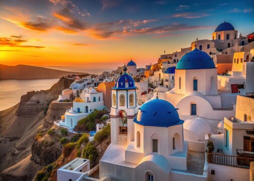 Panoramic view of whitewashed houses and blue domes in Santorini's Fira village at sunset