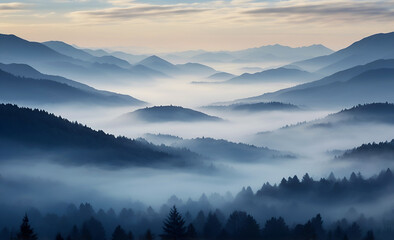 Obraz premium beautiful misty sunrise over the mountains, blue mountains, hills and trees silhouettes in morning mist